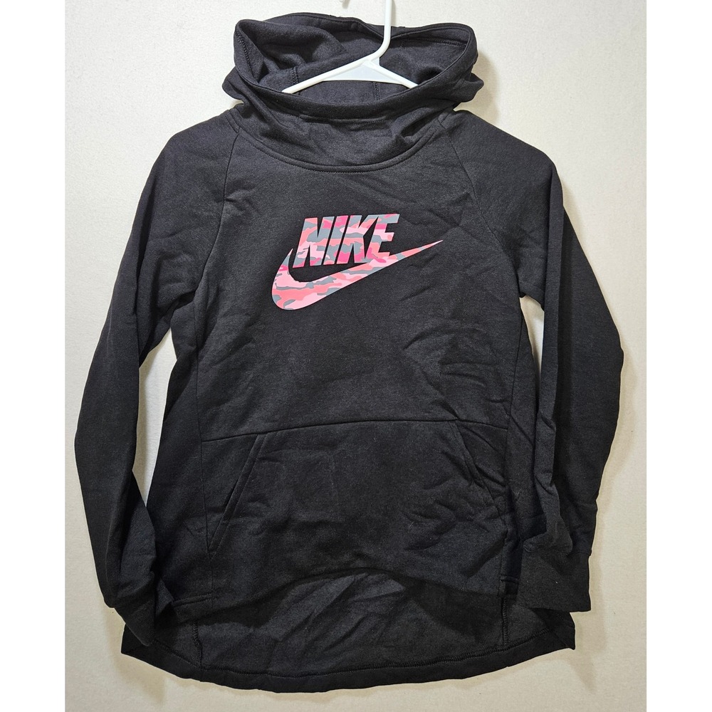 NIKE Girl's Niña Camo Hoodie, Black w/Gray/Pink Camo Logo, AR4074, Sz MD, NEW